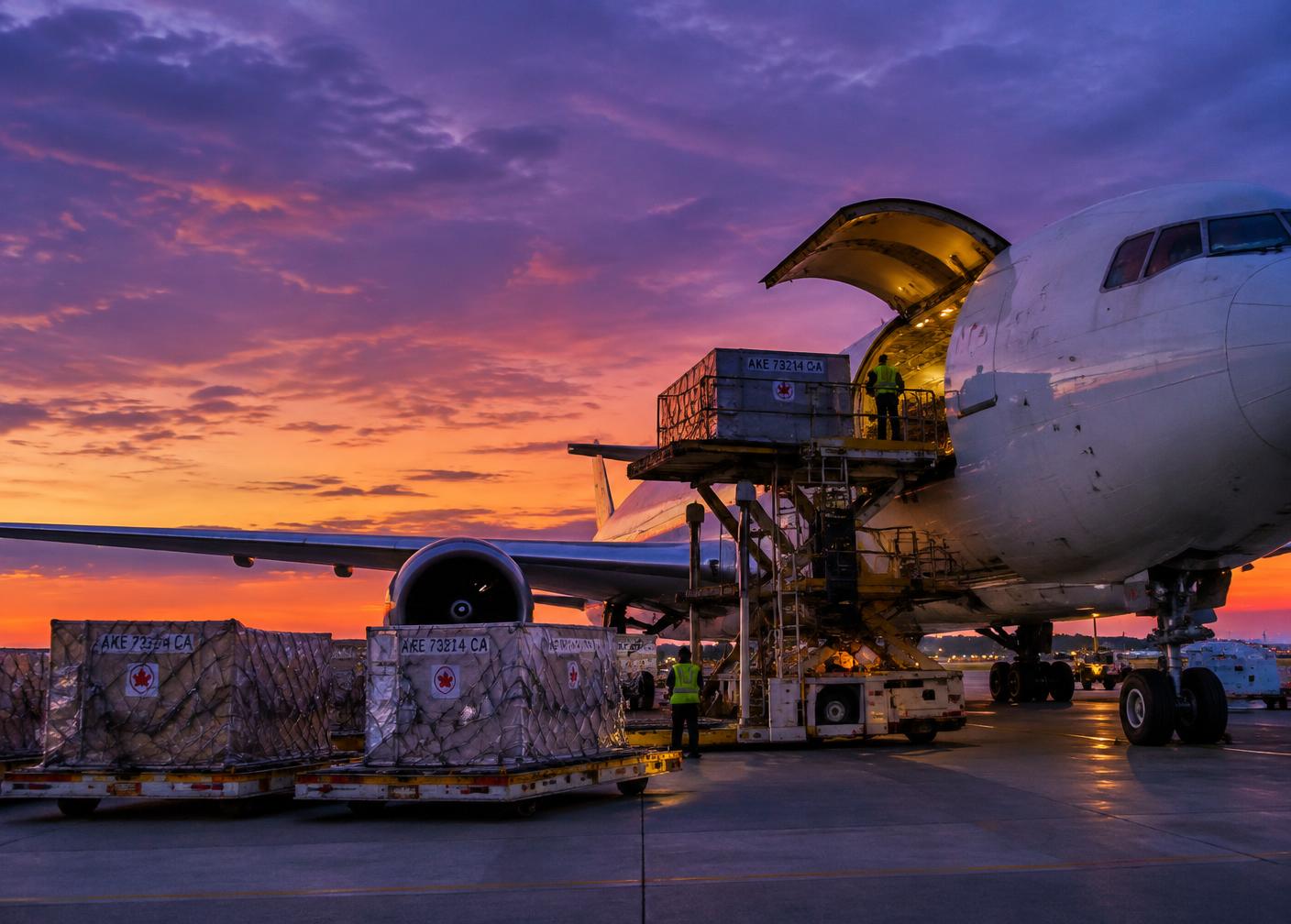 Freight containers being loaded onto a cargo aircraft at dusk